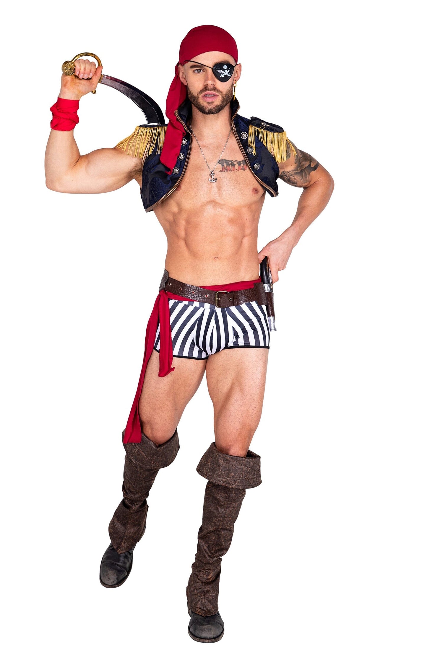 5033 - 6pc Captain Hunk Costumes, mens Exotic Peach Small Black/Red/Blue