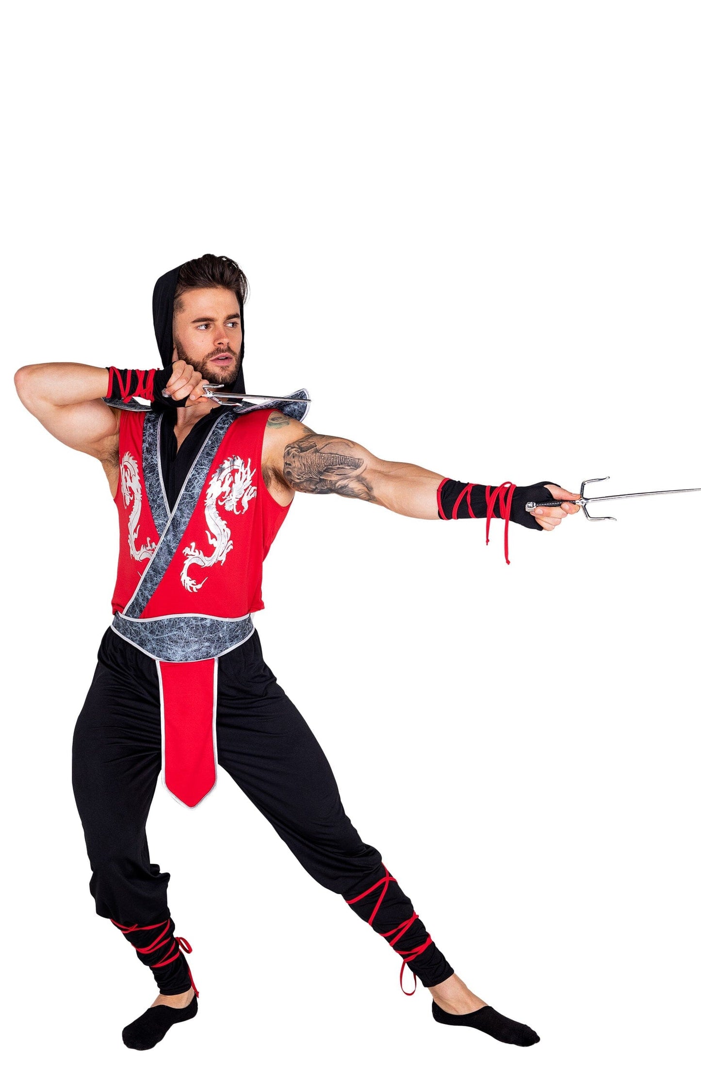 5040 - 6pc Deadly Combat Ninja Costumes, mens Exotic Peach Small Black/Red
