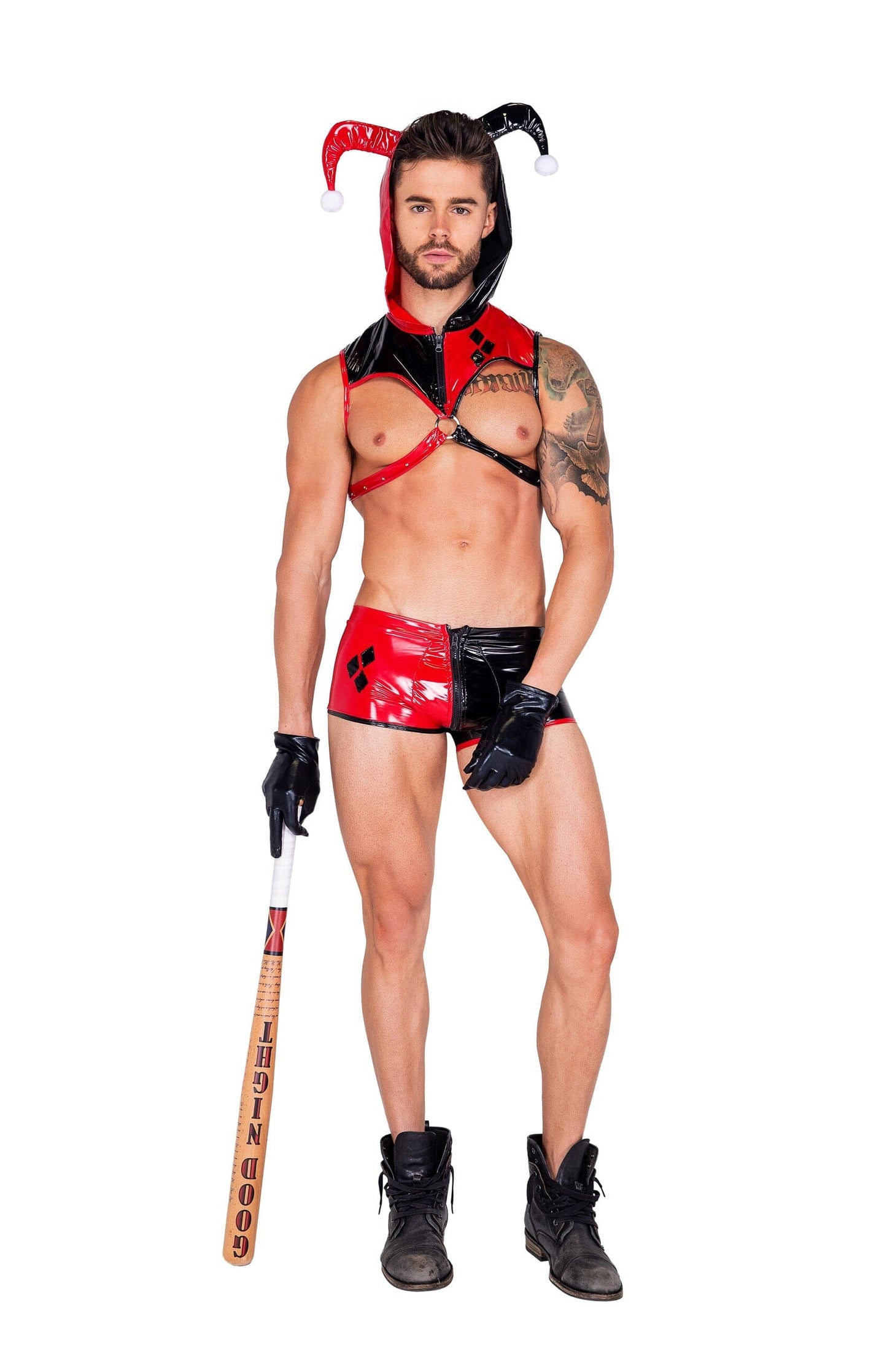 5058 - 2pc Nobody’s Fool Jester Costumes, mens Exotic Peach Small Black/Red
