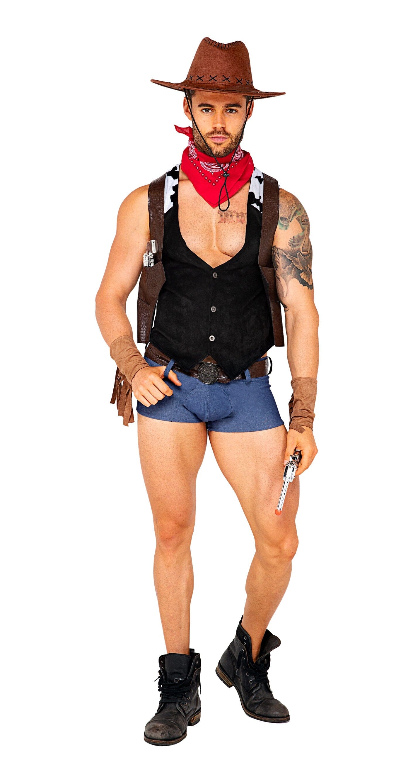 5103 - 7pc Showdown Cowboy Costumes, mens Exotic Peach Small Black/Brown
