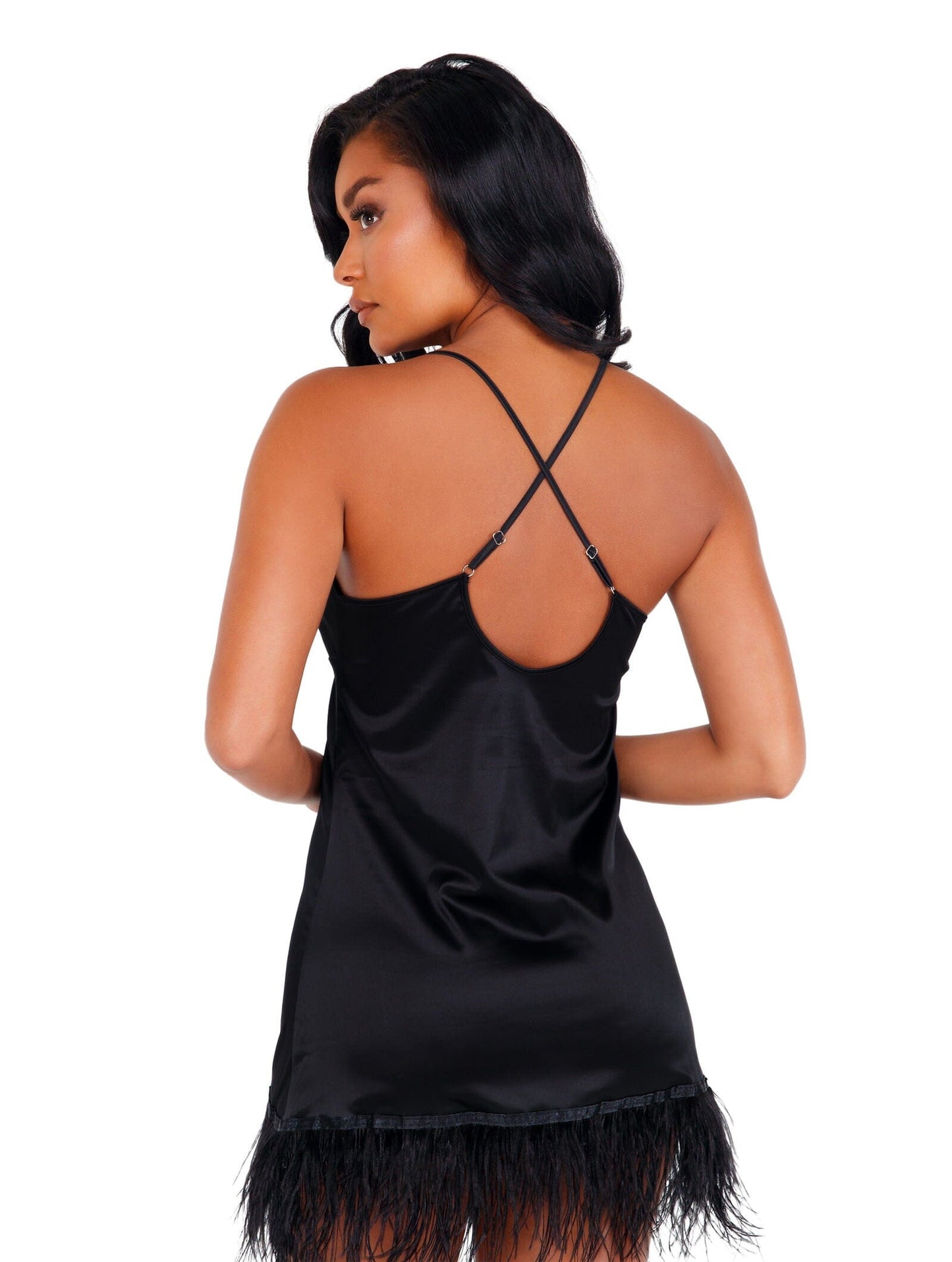 LI400 - Soft Satin Chemise with Ostrich Feathered Trim lingerie Exotic Peach