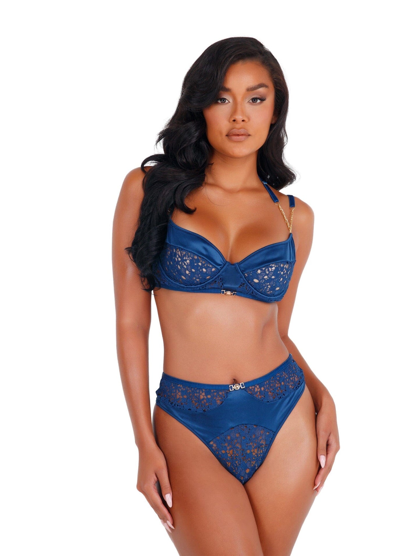 LI410 - 2pc Satin & Lace Bralette Set Lingerie Exotic Peach Small Navy Blue