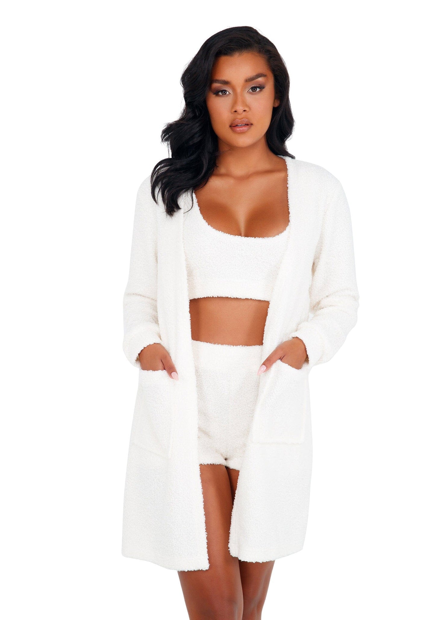 LI411 - 1pc Cozy & Comfy Fuzzy Robe with Pockets Lingerie Exotic Peach Small/Medium White