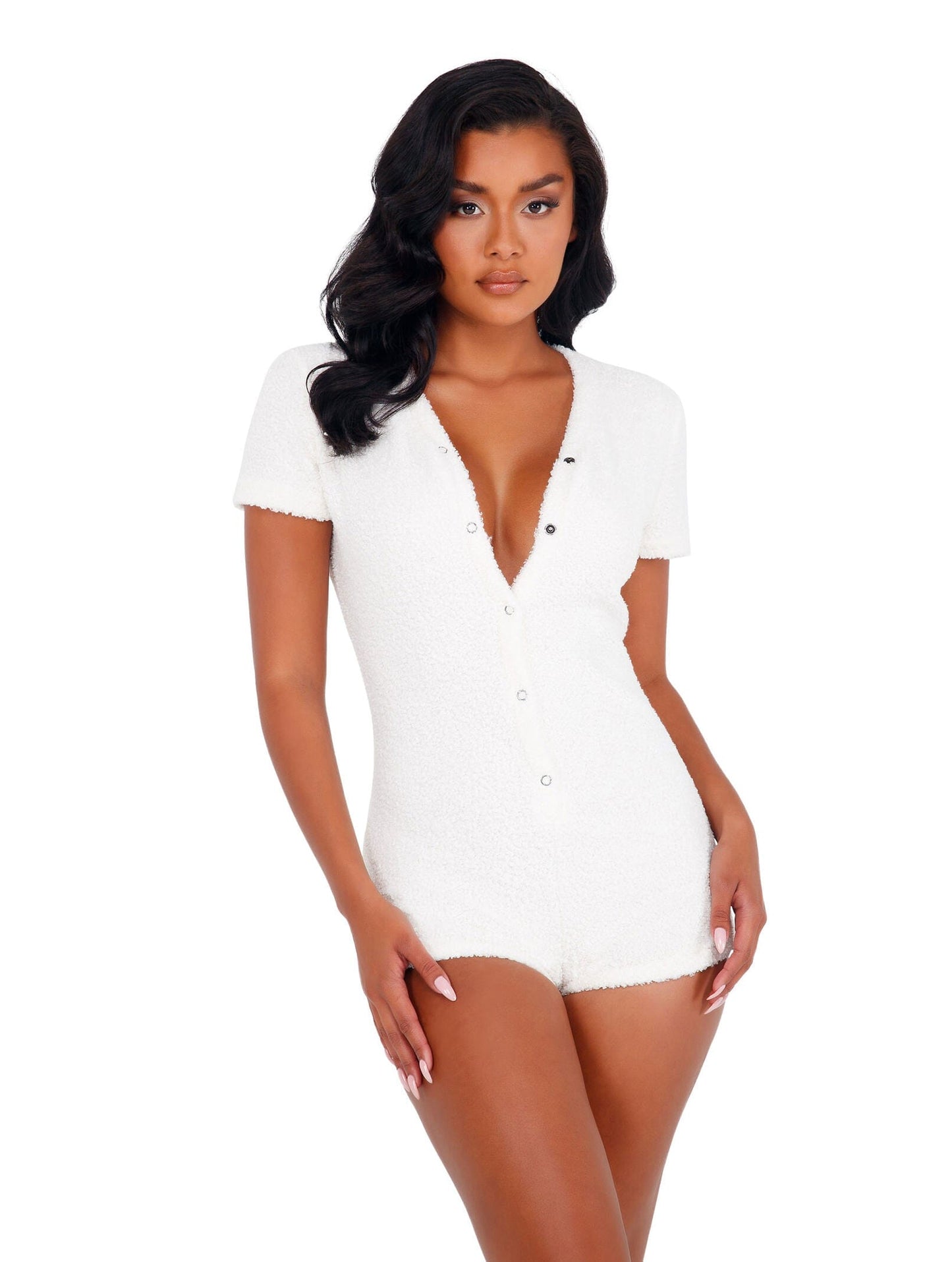 LI413 - 1pc Cozy & Comfy Fuzzy Romper with Snap Closure Lingerie Exotic Peach X-Small White