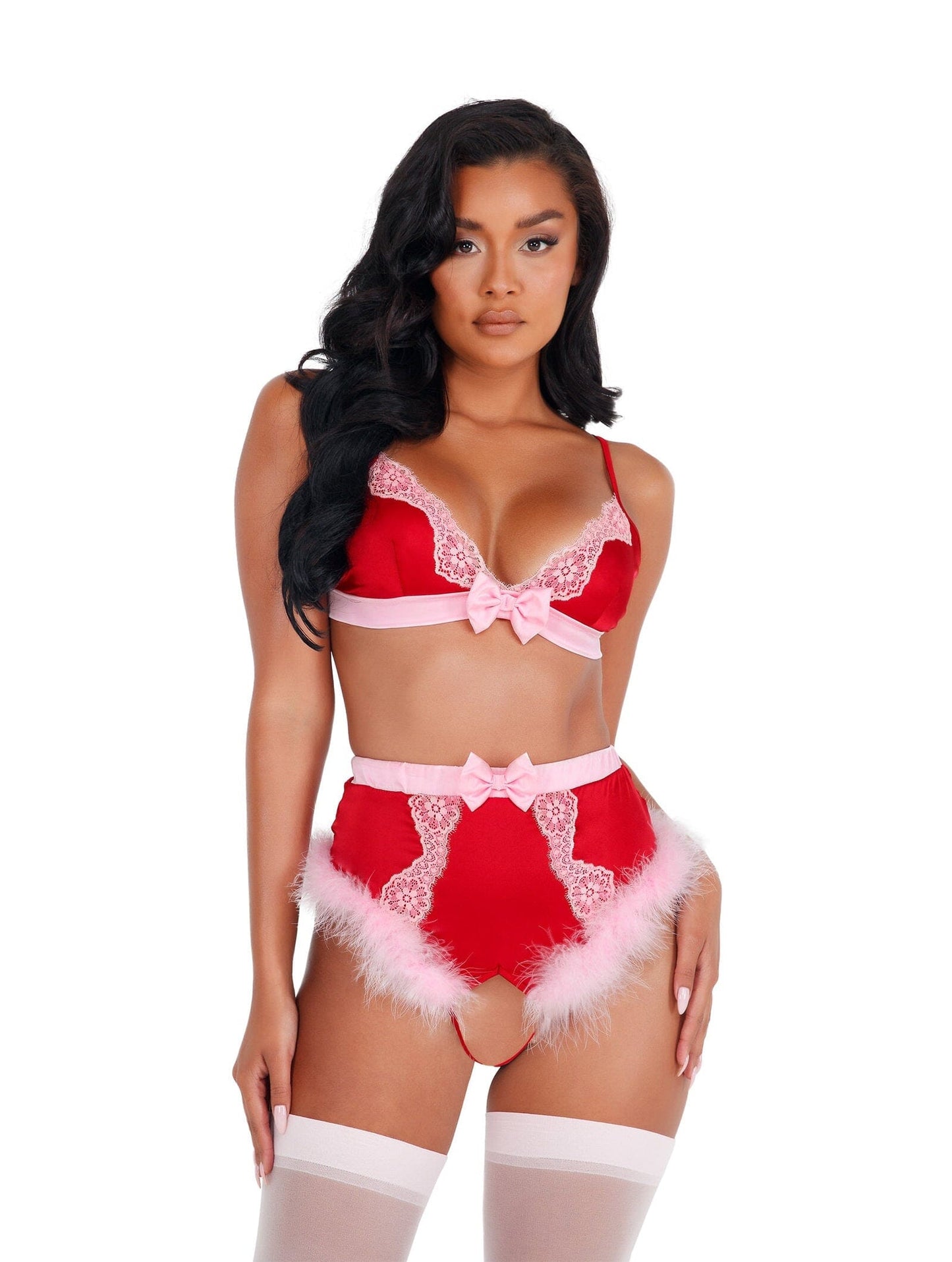 LI424 - 2pc Lace & Satin Marabou Bra Set lingerie Exotic Peach Small Red/Pink