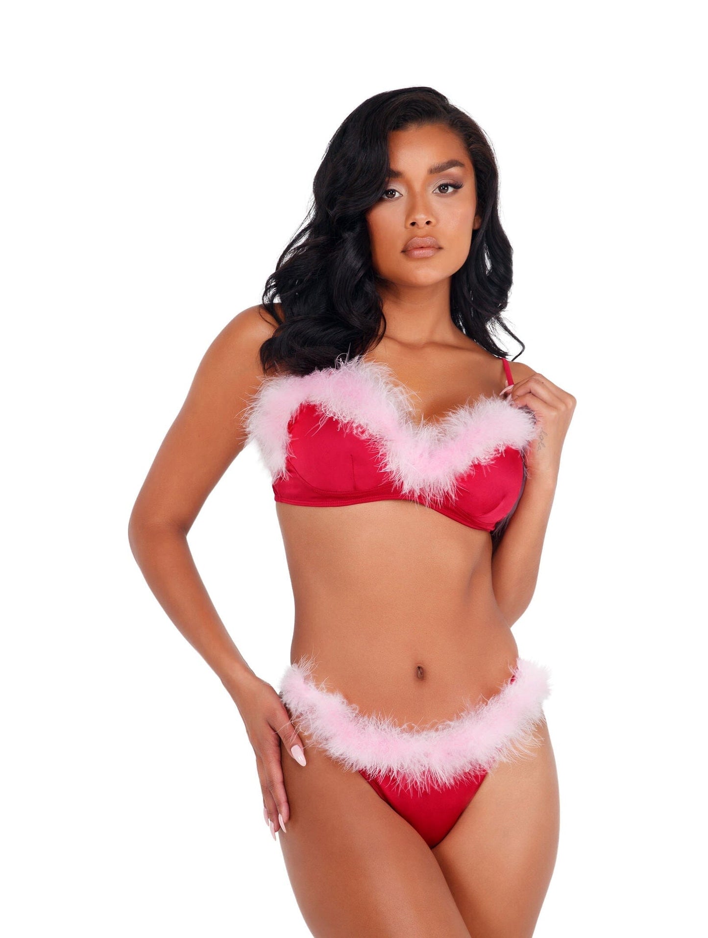 LI426 - 2pc Marabou Satin Bra Set lingerie Exotic Peach Small Red/Pink