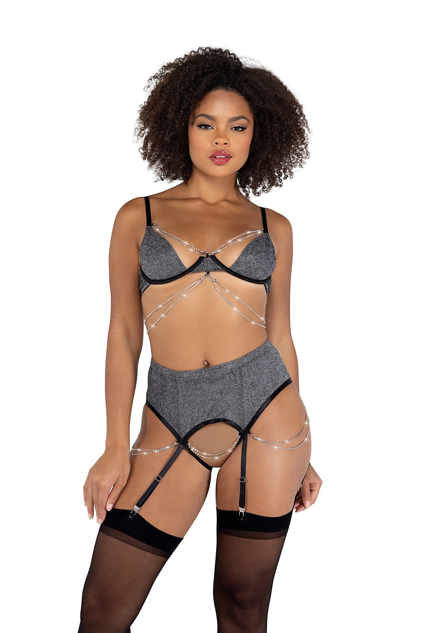 LI465 - 2PC Sparkle Diamond Crotchless Set Exotic Peach X-Small Black