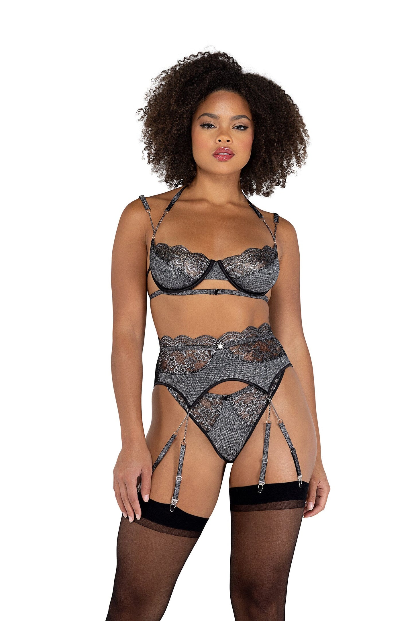 LI467 - 3PC Sparkle Chained Gartered Bra Set Exotic Peach X-Small Black