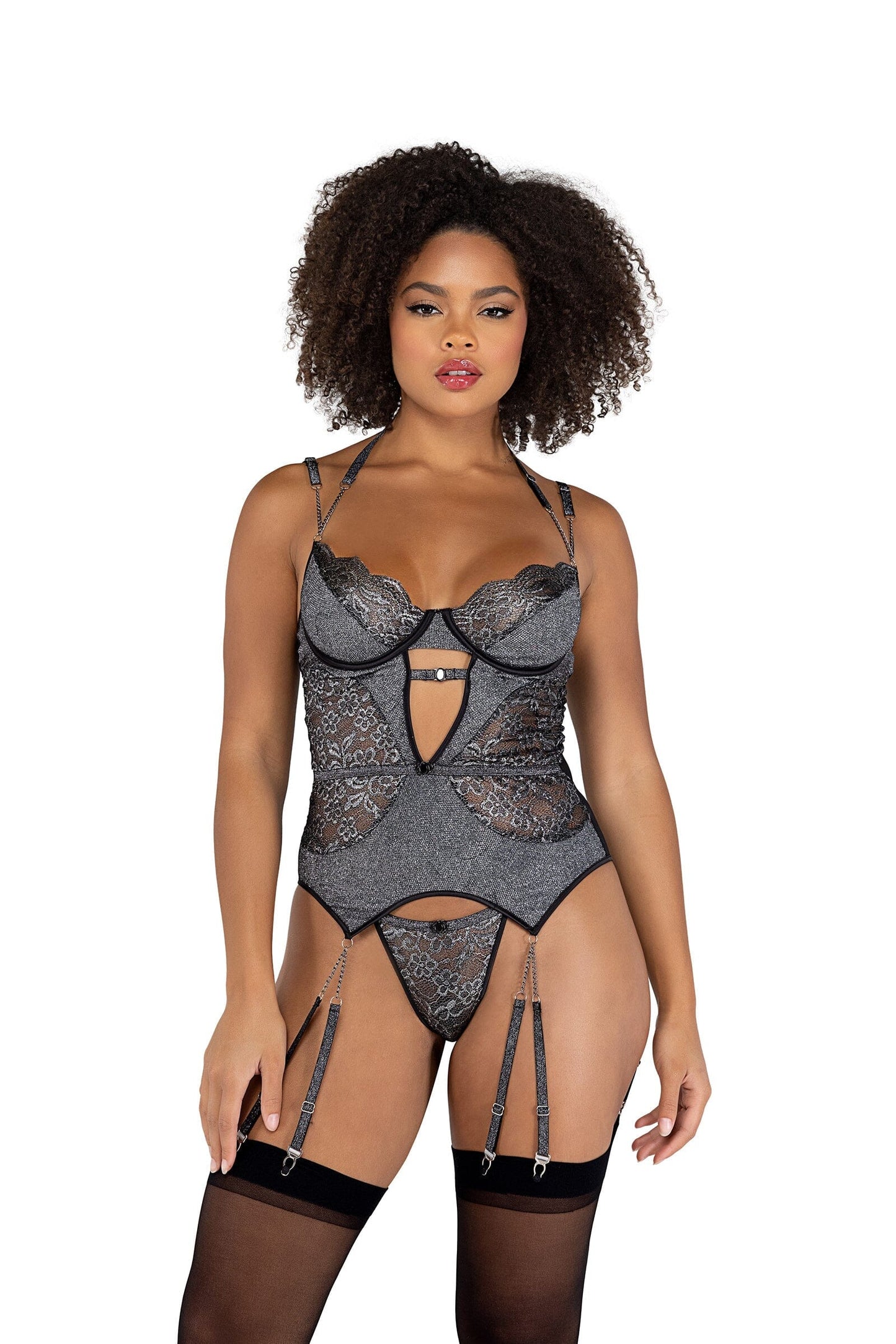 LI469 - 2PC Sparkle Chained Bustier Set Exotic Peach Small Black