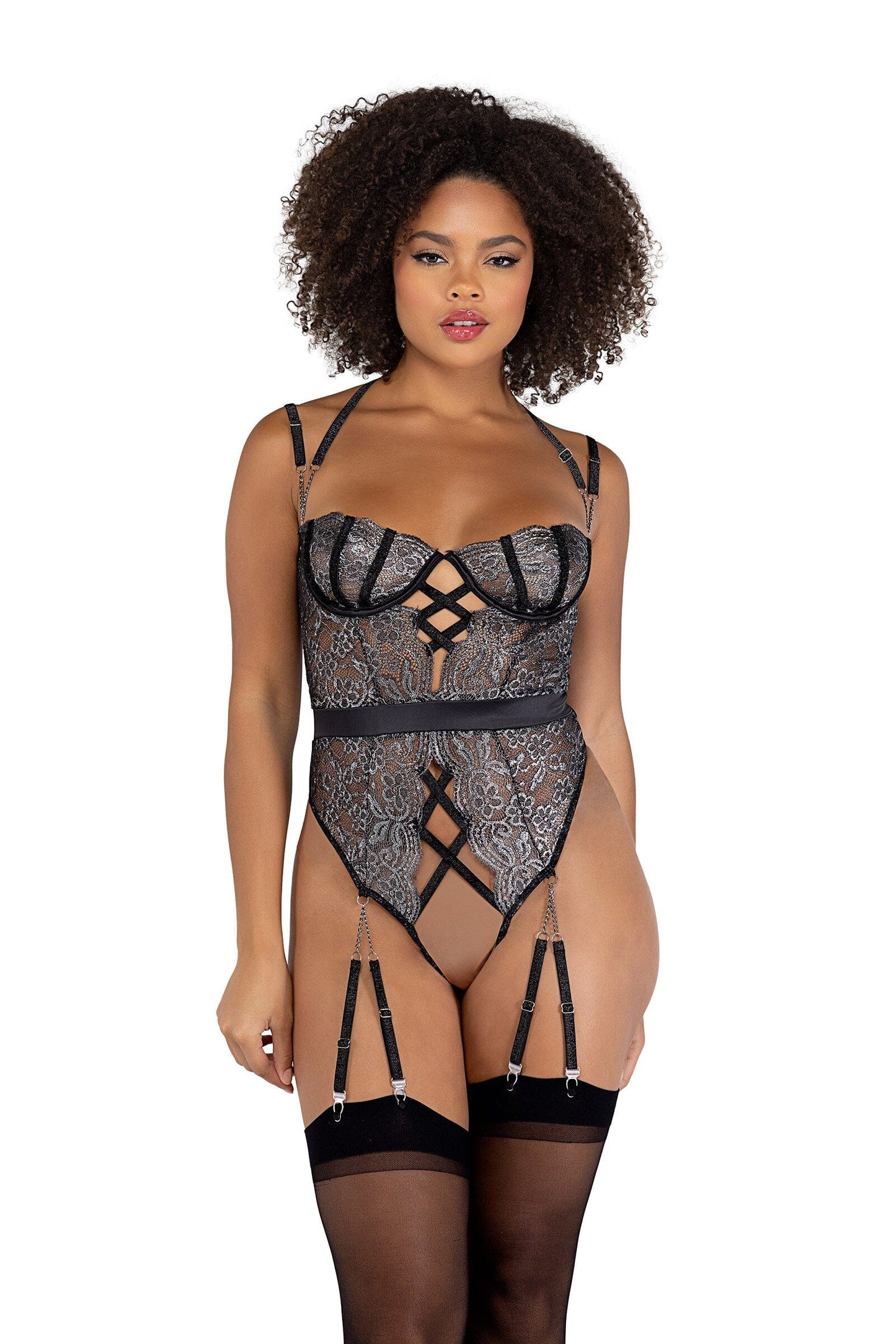 LI470 - Sparkle Gartered Crotchless Teddy Exotic Peach X-Small Black