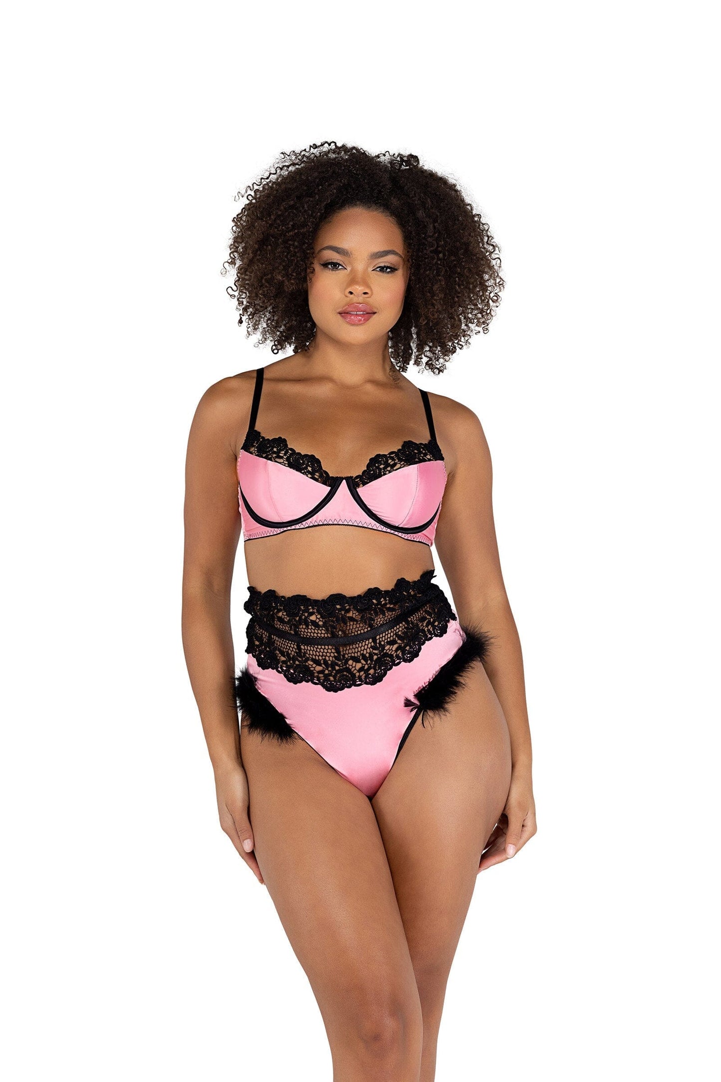 LI481 - 2PC Embroidery & Satin Bralette Set Exotic Peach Small Pink/Black