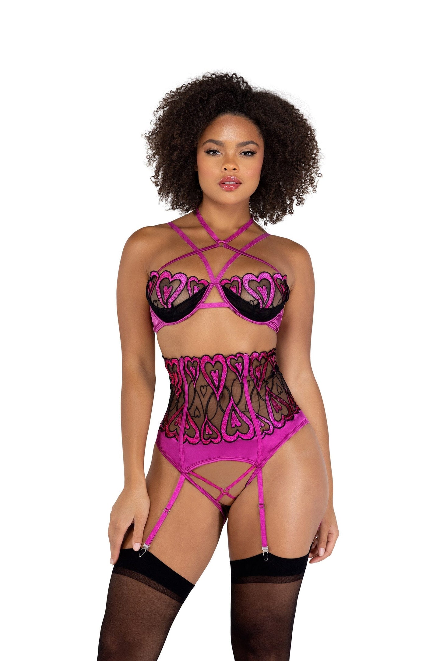 LI488 - 2PC Sweetheart Crotchless Bra set Exotic Peach Small Pink/Black