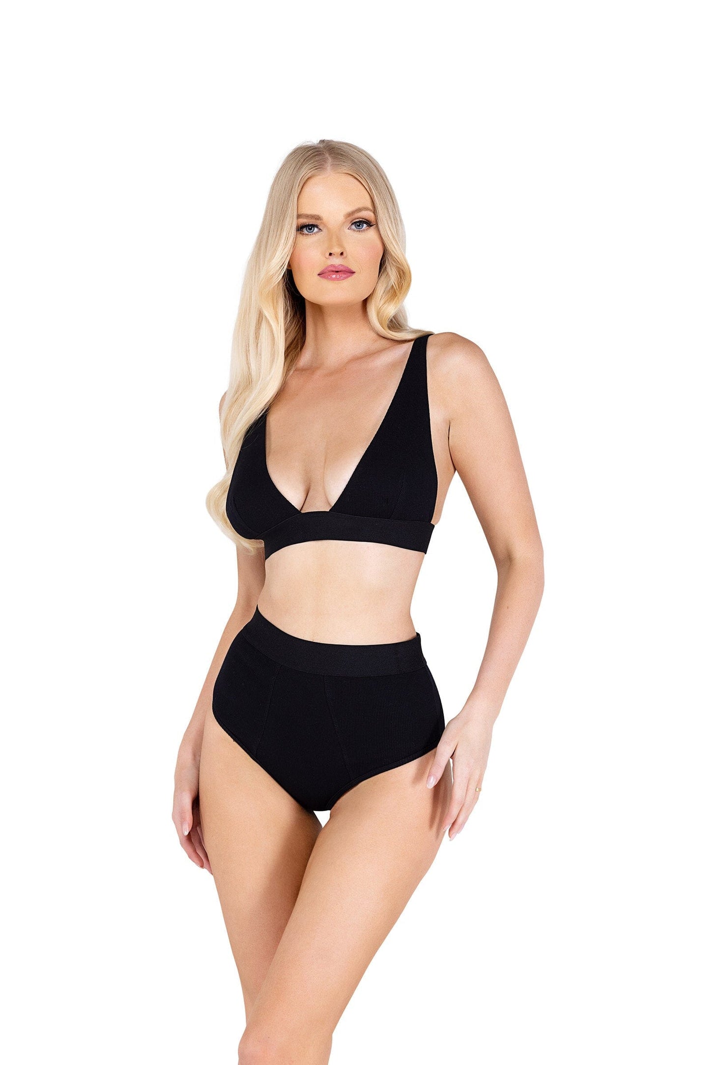 LI502 - 2PC Fitted Rib High-Waisted Bra Set Exotic Peach X-Small Black