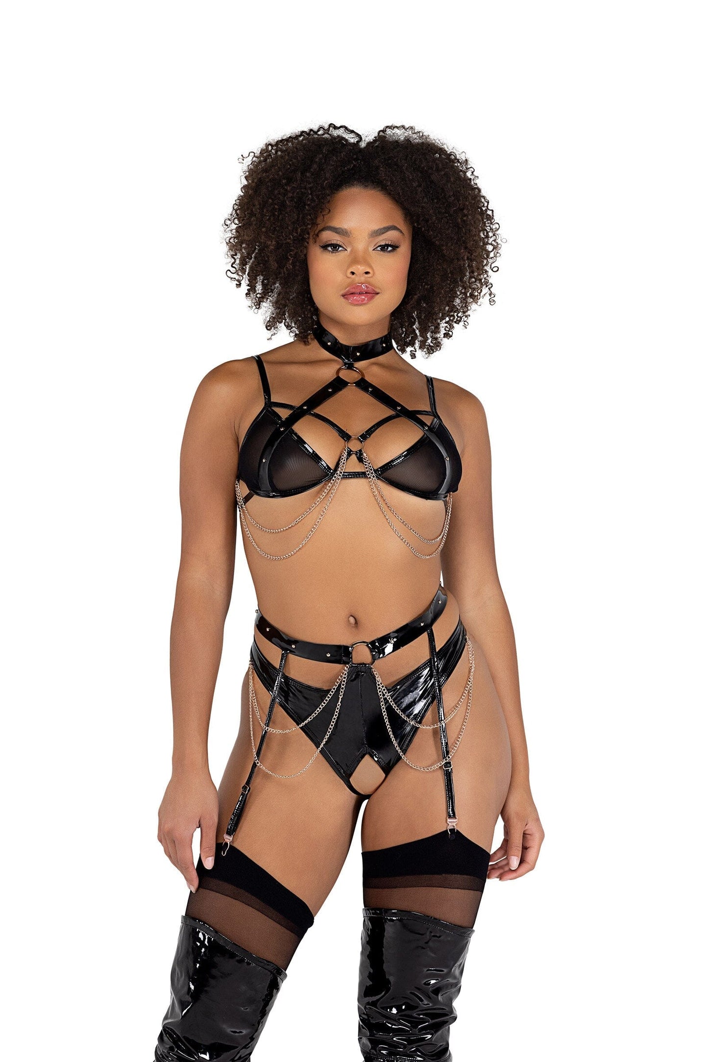 LI507 - 2PC Vinyl & Chain Crotchless Bra Set Exotic Peach Small Black