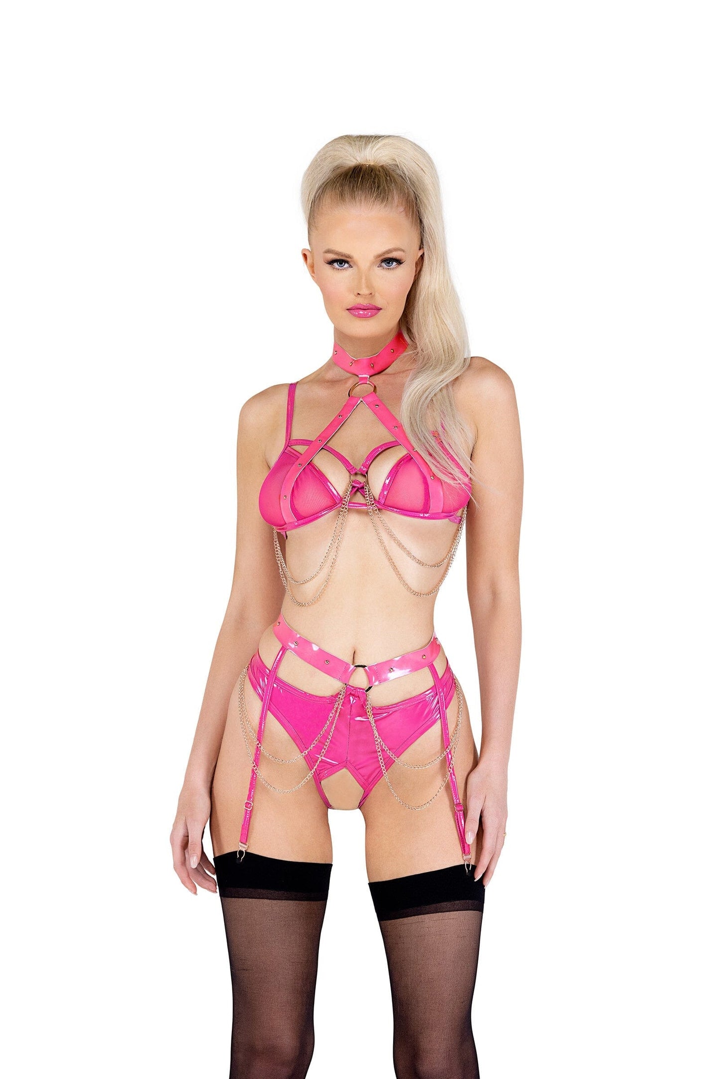 LI507 - 2PC Vinyl & Chain Crotchless Bra Set Exotic Peach Small Pink