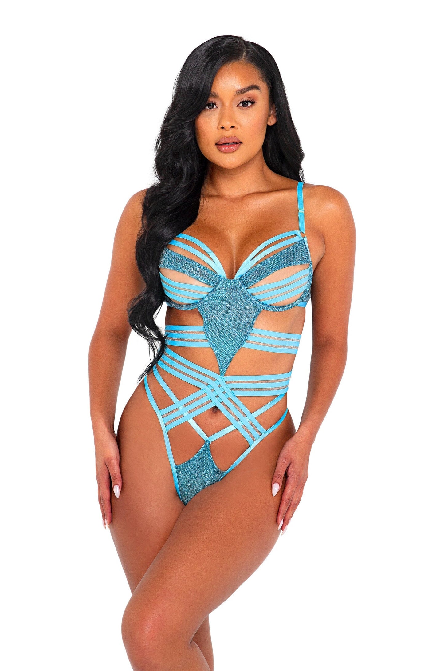 LI518 - Shimmer Bondage Teddy Lingerie Exotic Peach X-Small Baby Blue