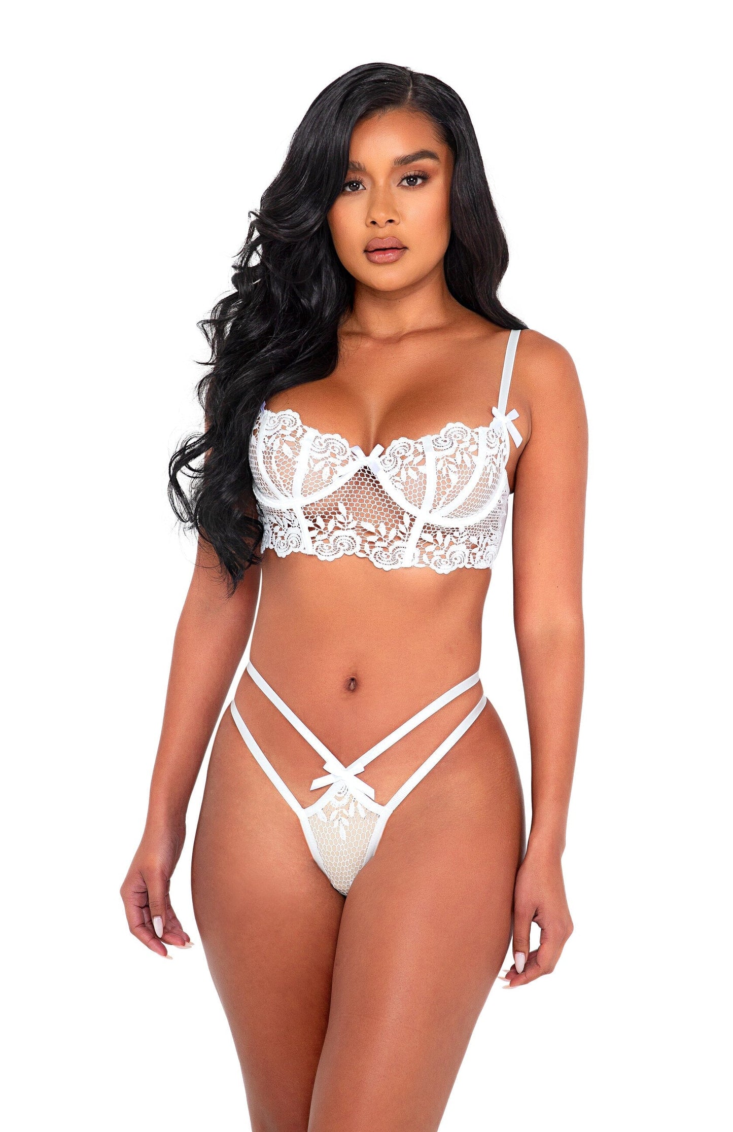 LI525 - 2pc Wedding Rosette Lace Set Lingerie Exotic Peach Small White