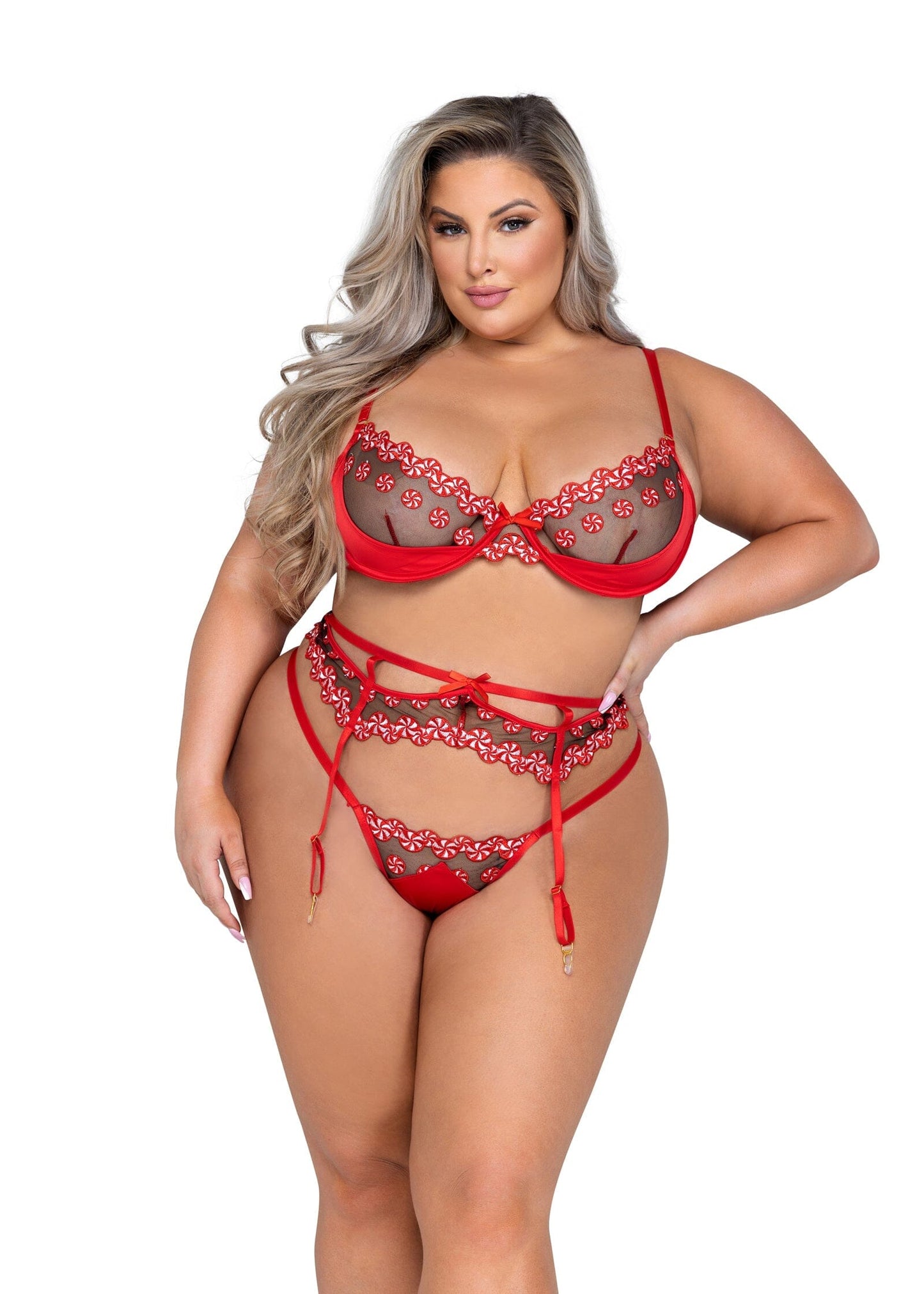 LI534 - Sweet & Sticky 3-Piece Garter Set Exotic Peach X-Large Red