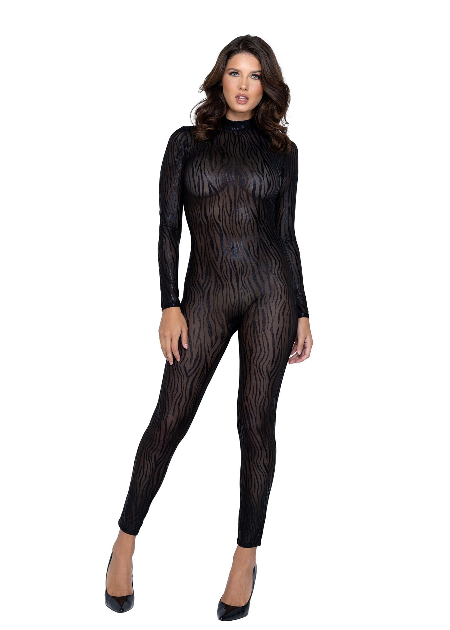 LI564 - Wild Stripe Catsuit Exotic Peach Small Black