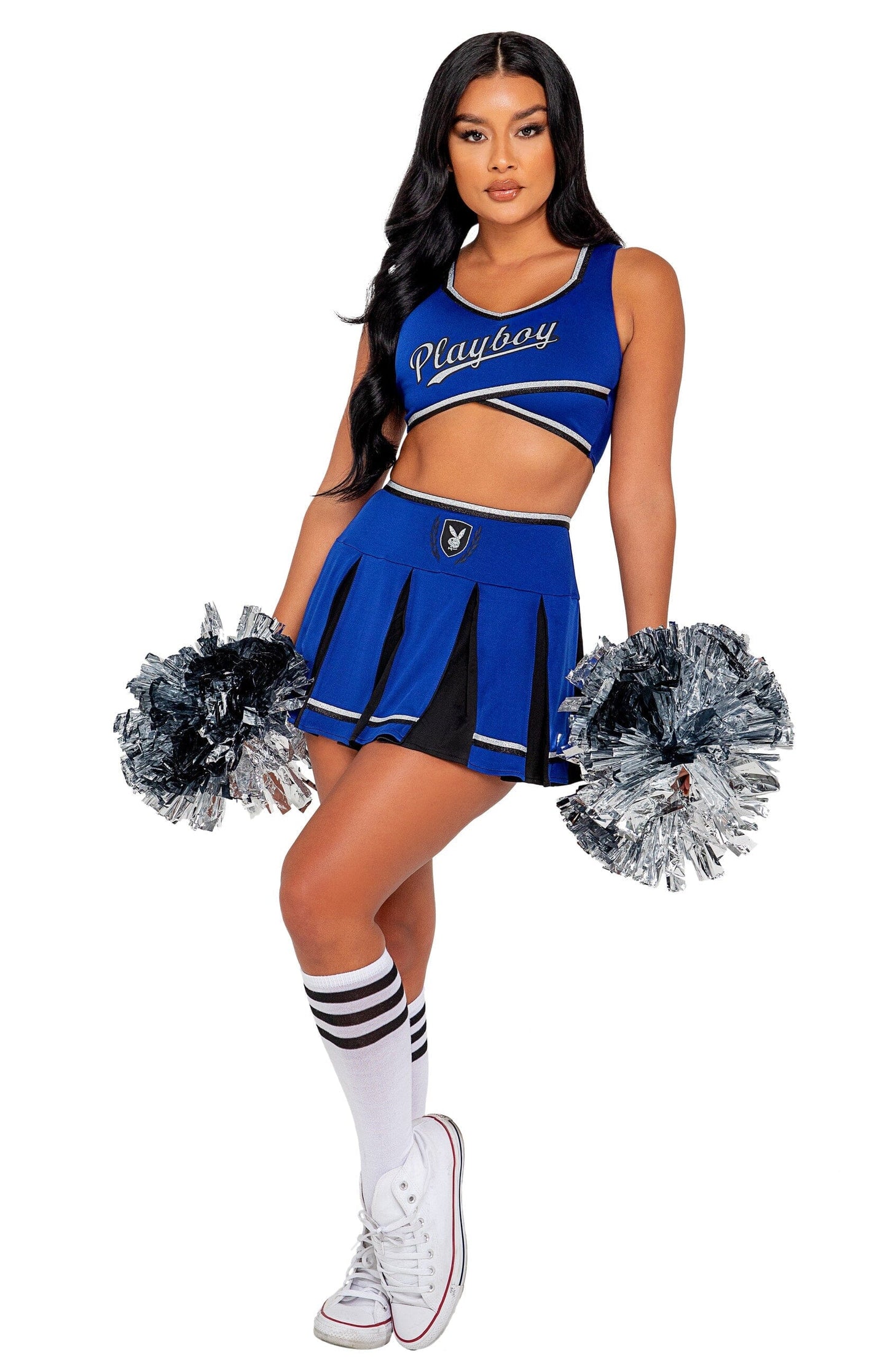 PB138 - 3PC Playboy Cheer Squad Costumes, womens Exotic Peach Small Blue/Black