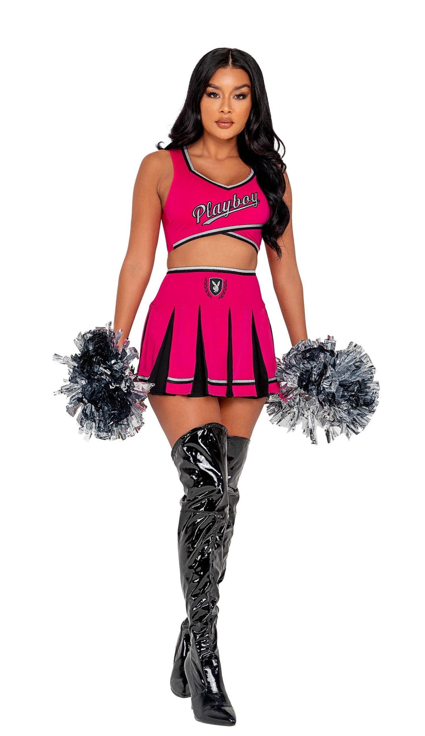 PB138 - 3PC Playboy Cheer Squad Costumes, womens Exotic Peach Small Pink/Black