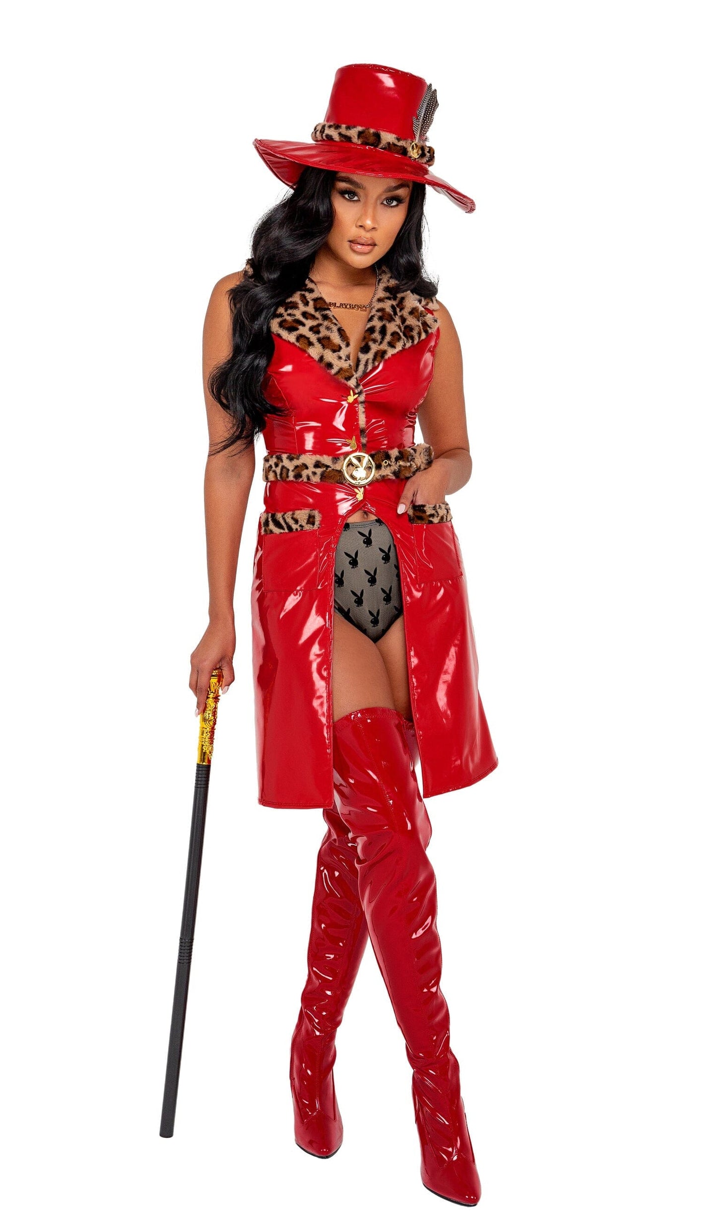 PB142 - 4PC Playboy High Roller Costumes, womens Exotic Peach Small Red/Multi