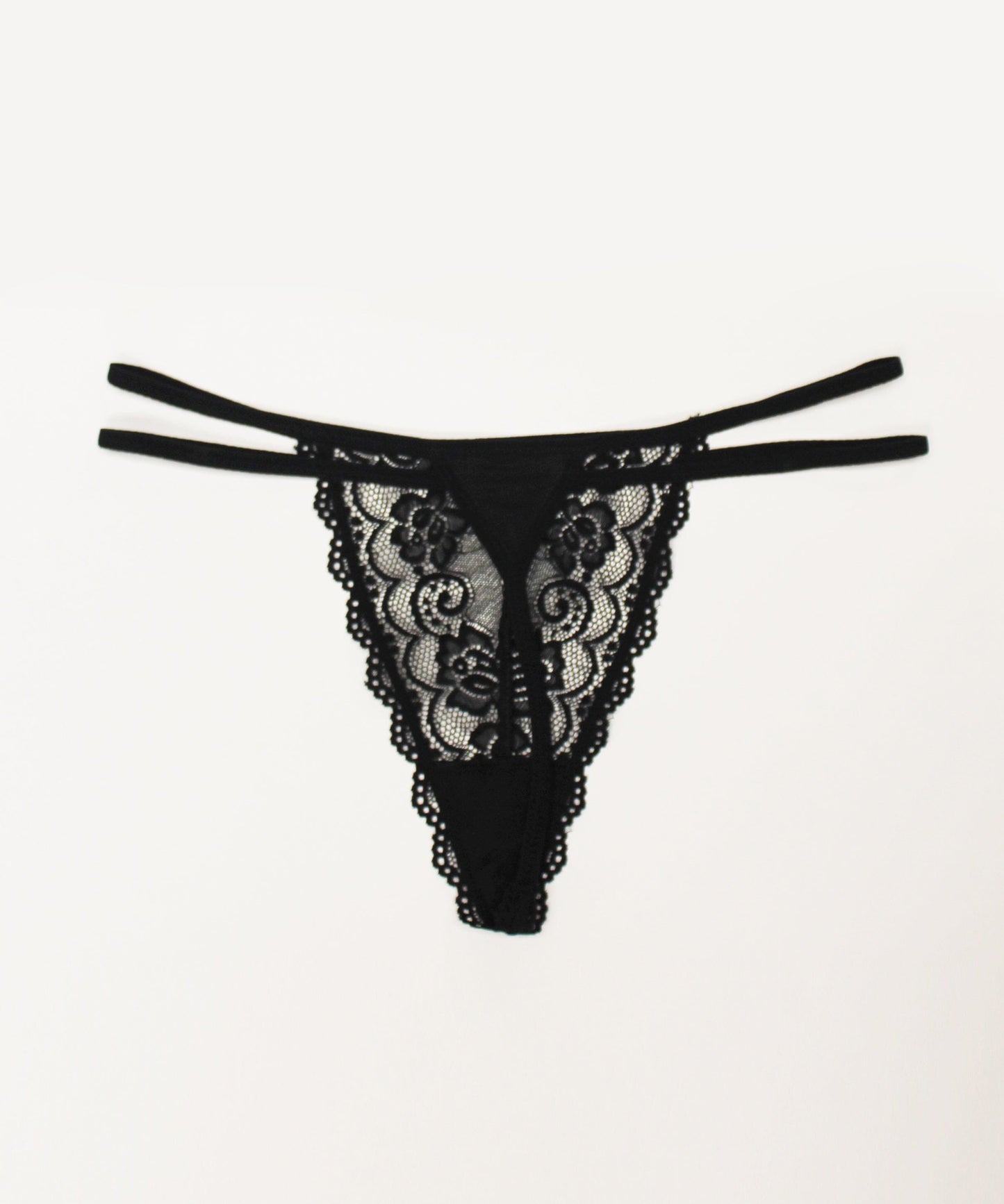 Strappy Scalloped Lace G-String Thong Panty Honey B Black S 