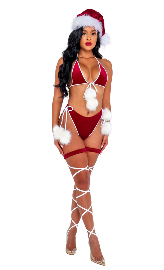 C206 - 2pc Santas Holiday Spirit Bikini Costumes, womens Exotic Peach Small/Medium Red/White 