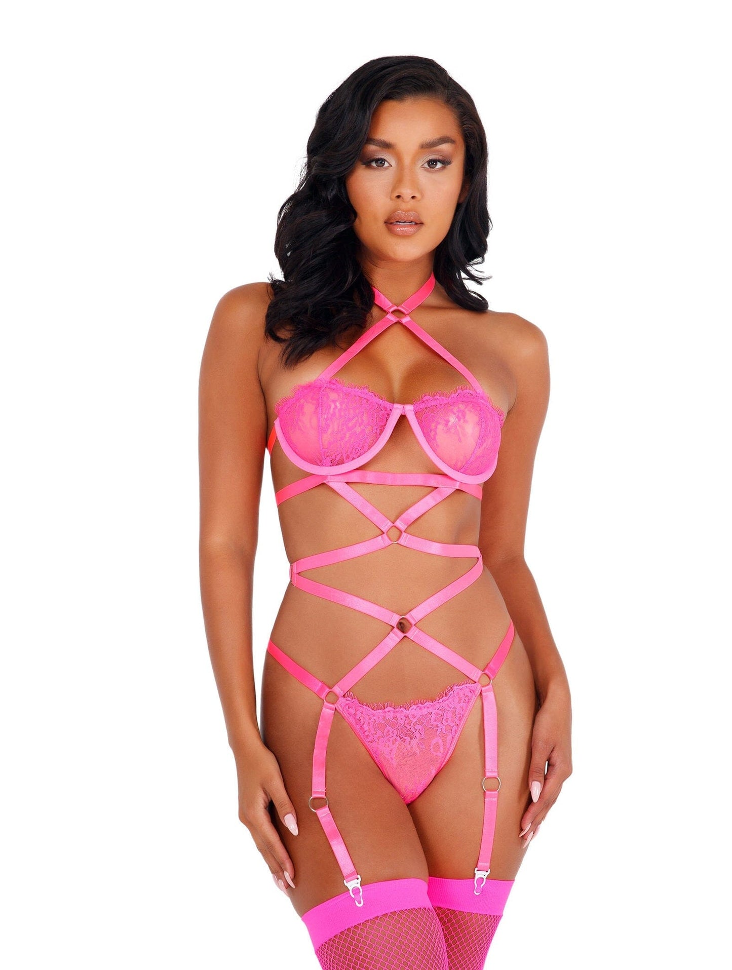 LI421 - Lacey Criss-Cross Underwired Teddy with Garters lingerie Exotic Peach Small Hot Pink 