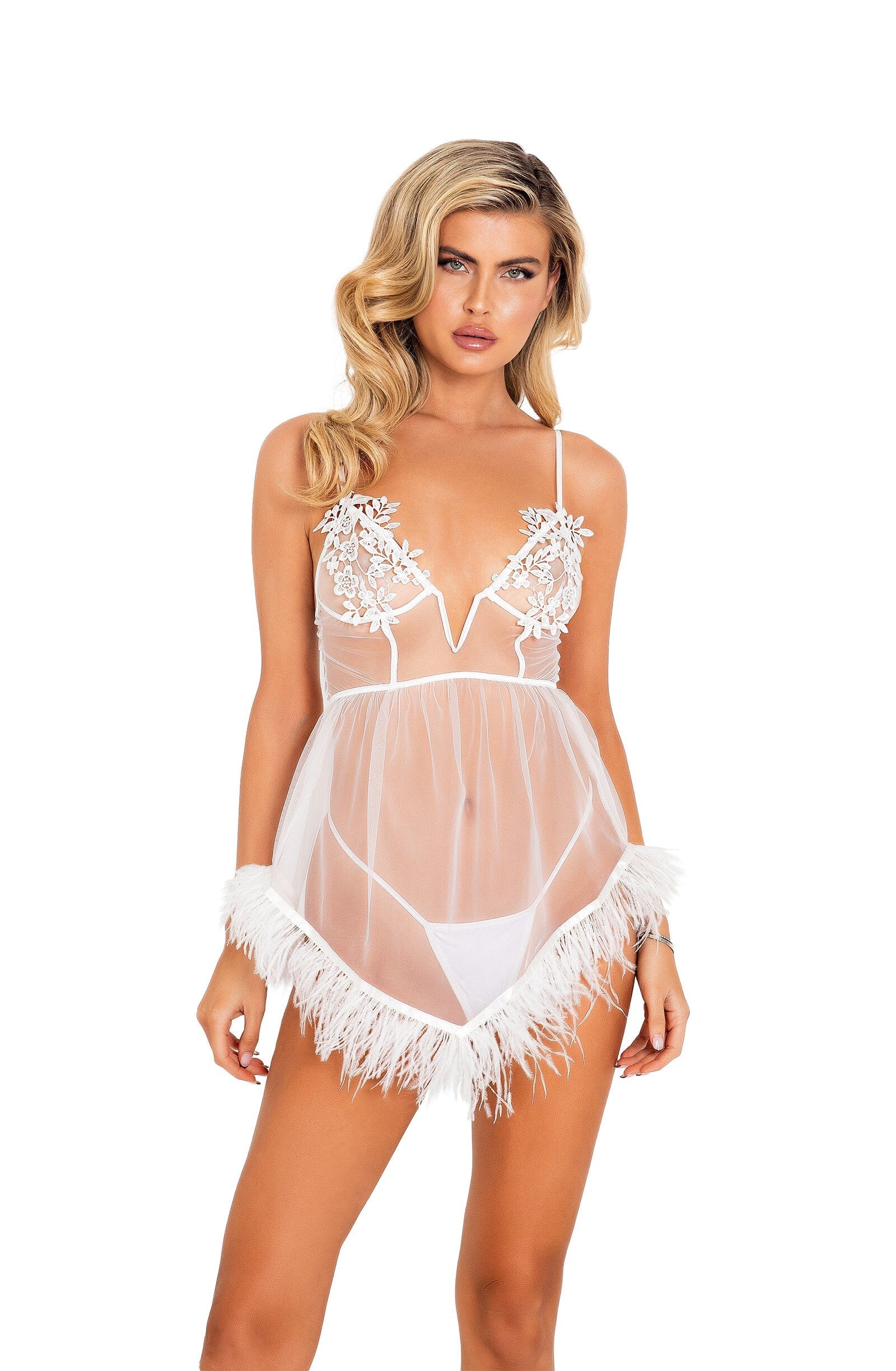 LI450 - 2pc Bridal Corset Chemise with Ostrich Feather Trim & Panty lingerie Exotic Peach Small White 