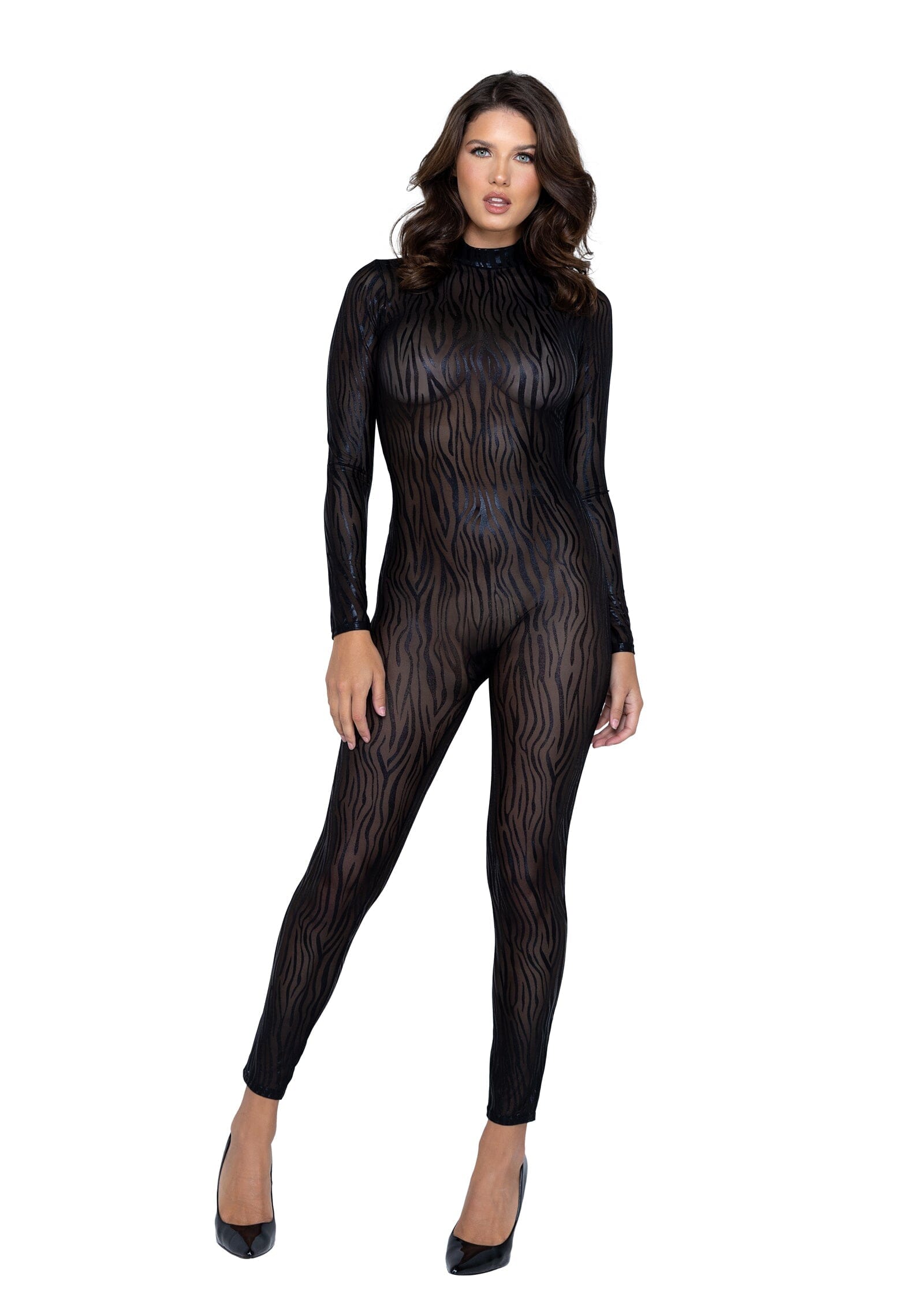 LI564 - Wild Stripe Catsuit Exotic Peach Small Black 