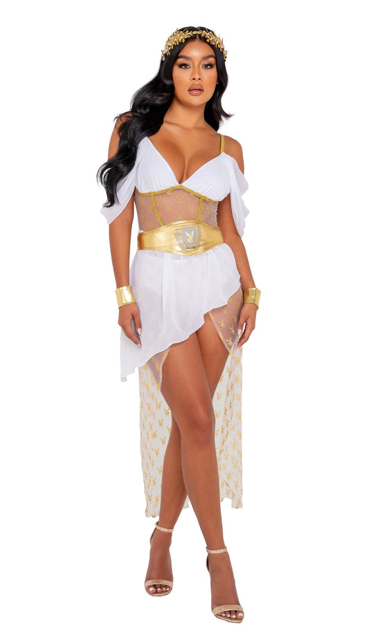PB146 - 3PC Playboy Goddess Costumes, womens Exotic Peach Small White/Gold 